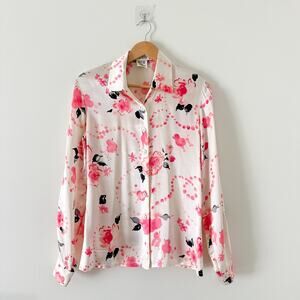 Escada Margaretha Ley Silk Floral Long Sleeve Button Up Shirt Pink 34